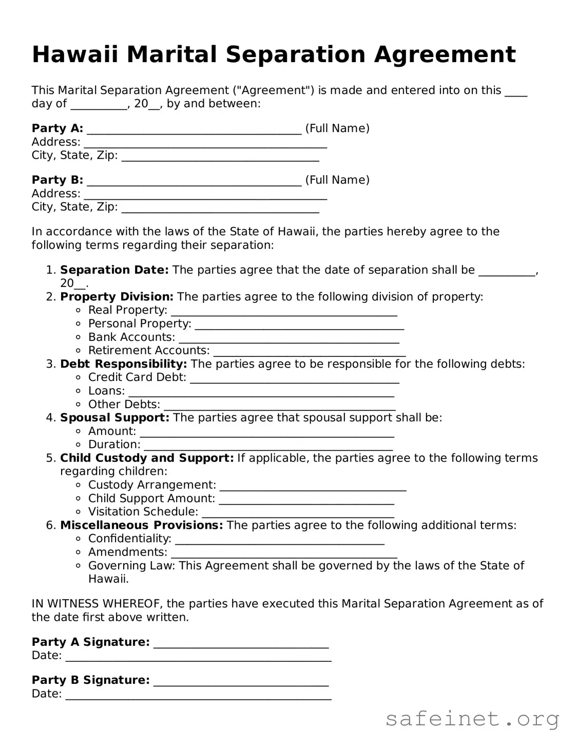 Valid Marital Separation Agreement Template for the State of Hawaii
