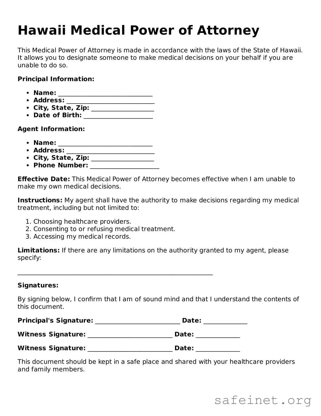 Valid Medical Power of Attorney Template for the State of Hawaii