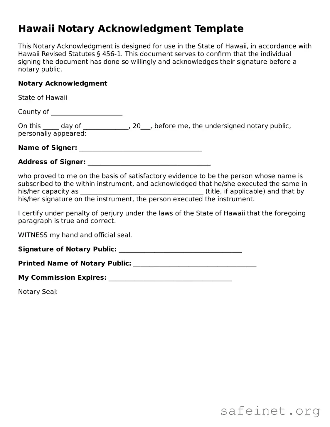 Valid Notary Acknowledgement Template for the State of Hawaii