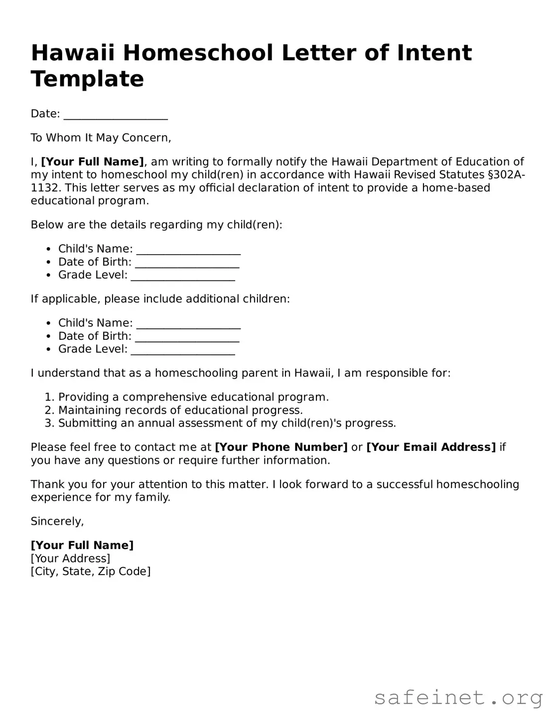 Valid Homeschool Letter of Intent Template for the State of Hawaii