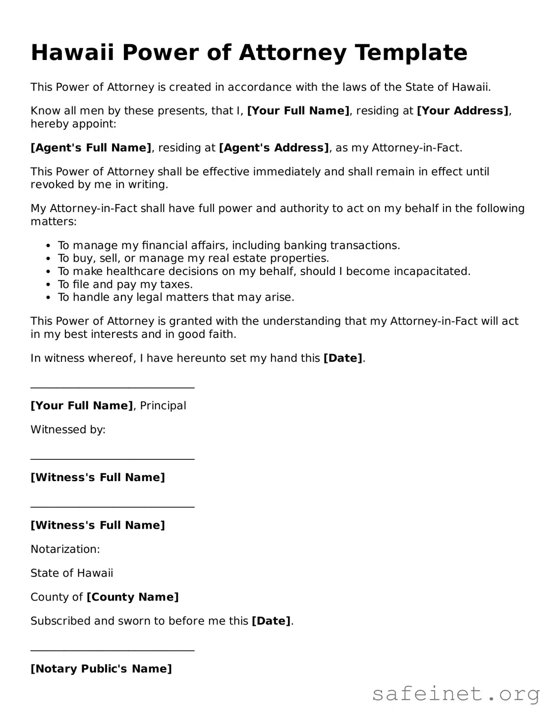 Valid Power of Attorney Template for the State of Hawaii