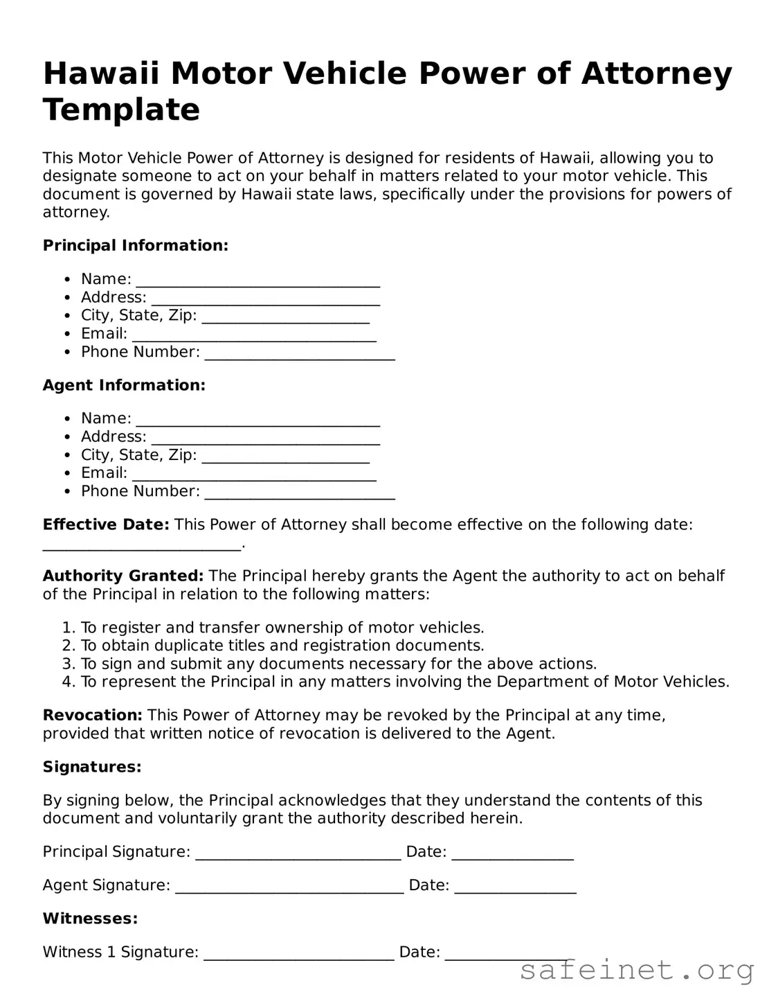 Valid Motor Vehicle Power of Attorney Template for the State of Hawaii