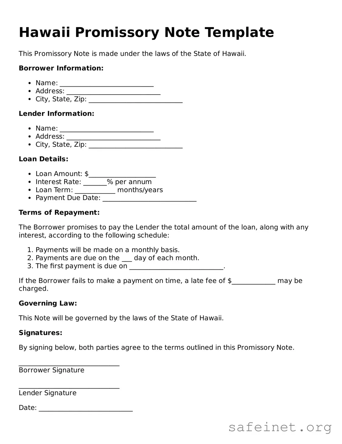 Valid Promissory Note Template for the State of Hawaii