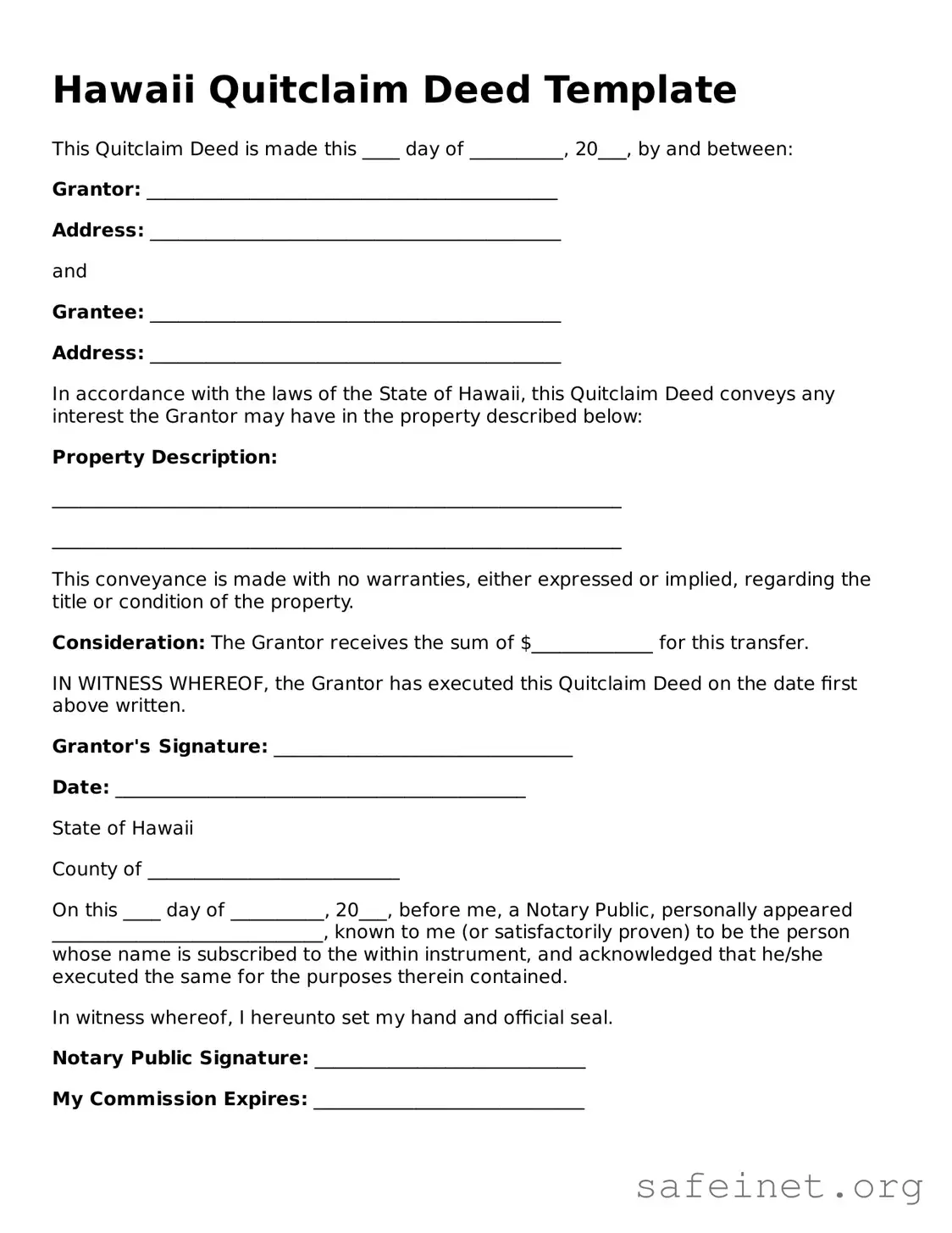 Valid Quitclaim Deed Template for the State of Hawaii