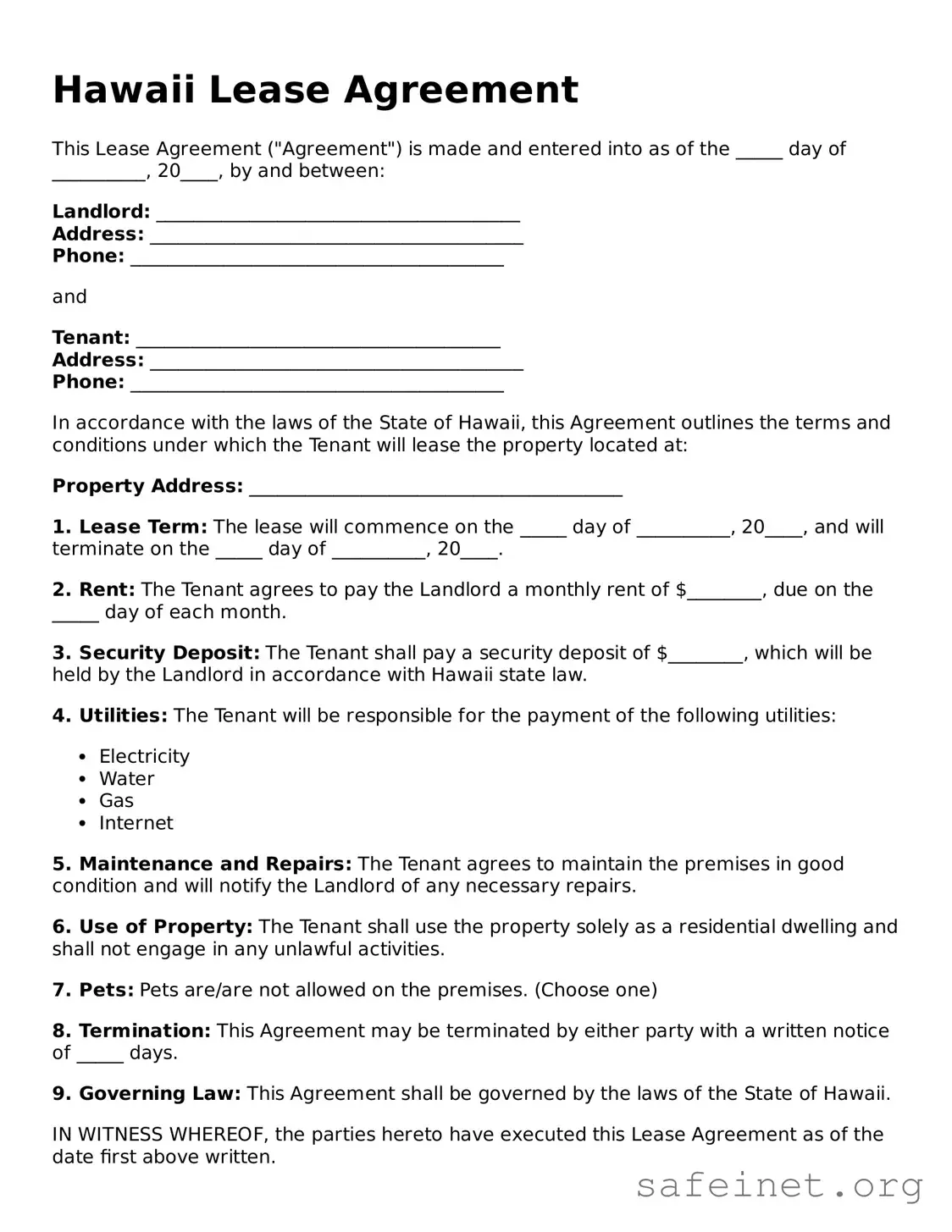 Valid Lease Agreement Template for the State of Hawaii