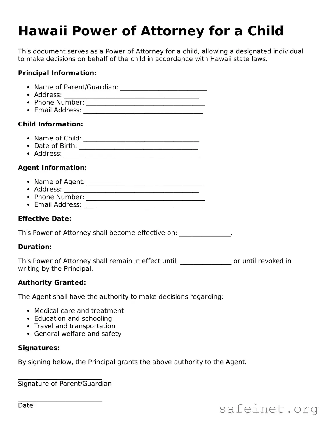 Valid Power of Attorney for a Child Template for the State of Hawaii