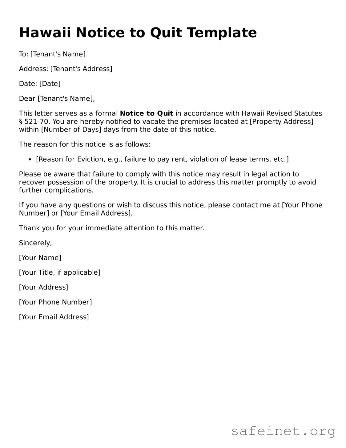 Valid Notice to Quit Template for the State of Hawaii