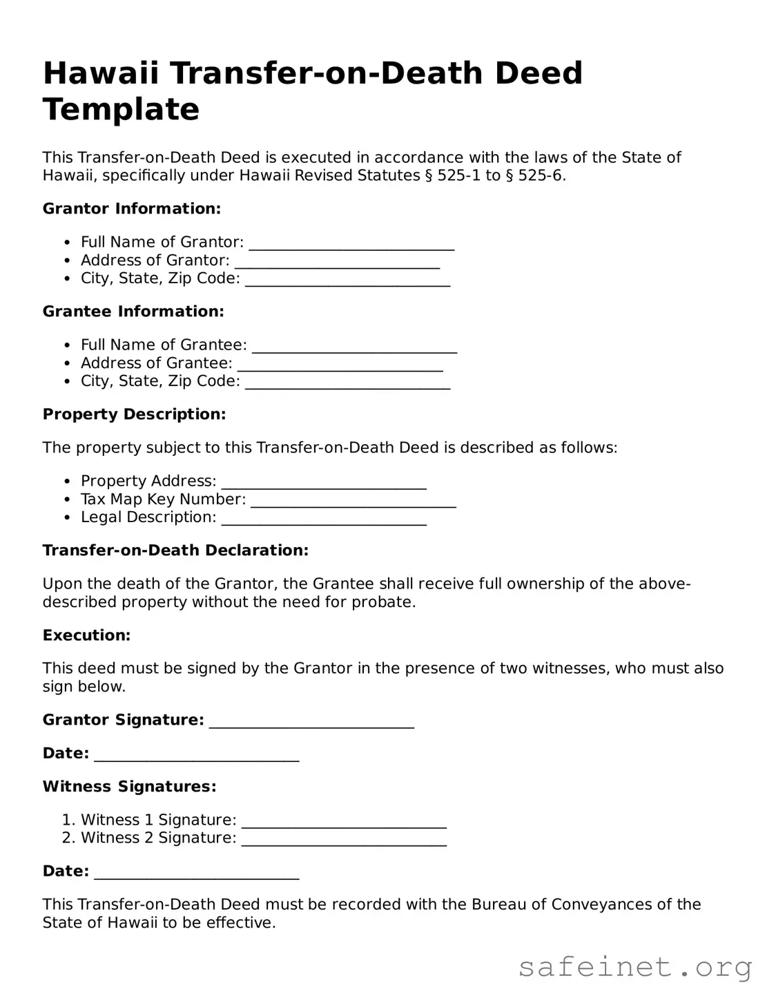 Valid Transfer-on-Death Deed Template for the State of Hawaii