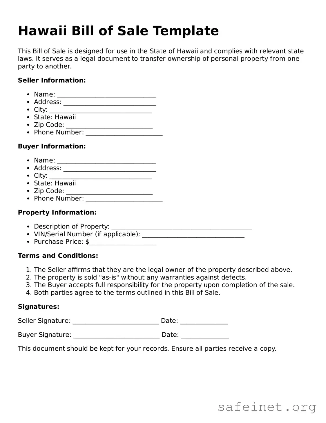 Valid Bill of Sale Template for the State of Hawaii