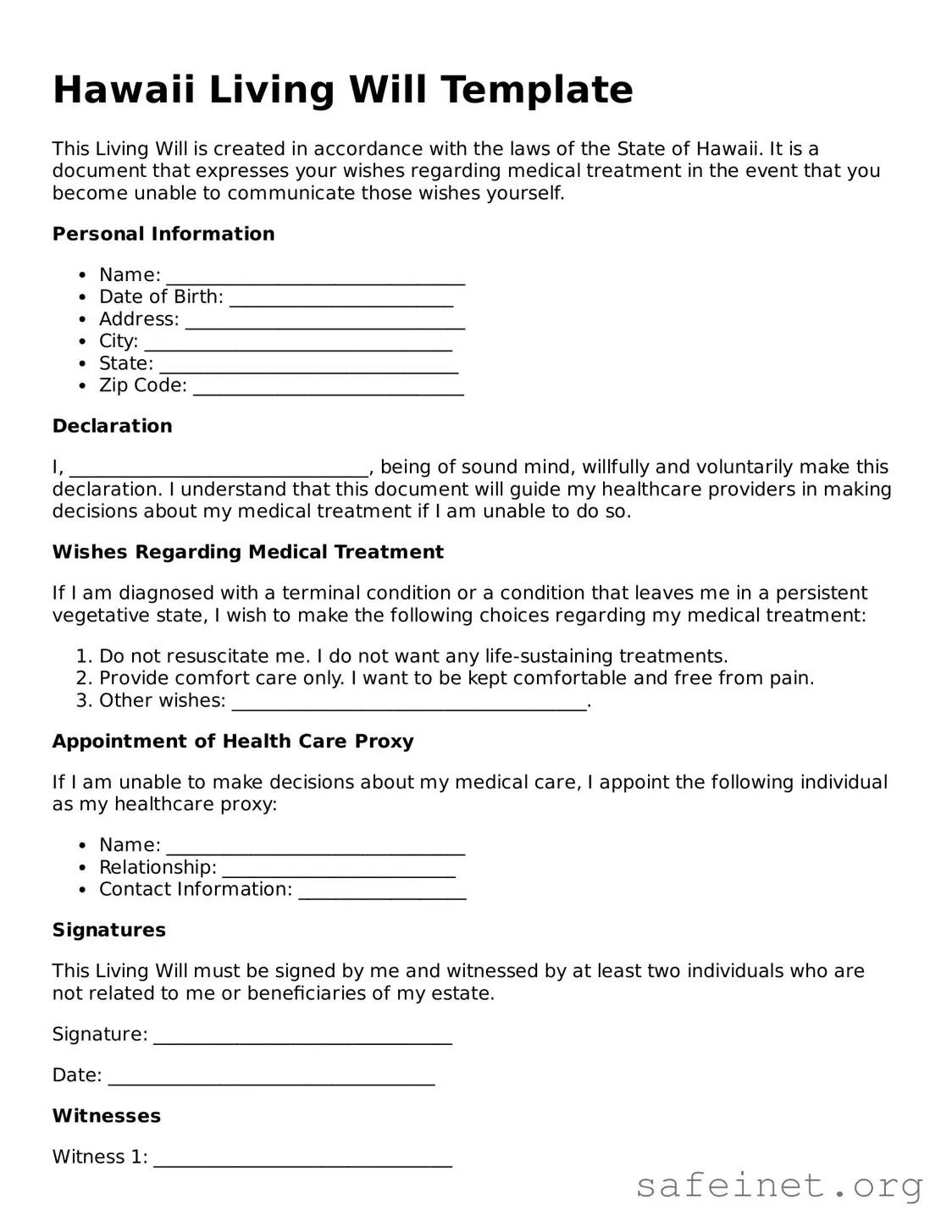 Valid Living Will Template for the State of Hawaii