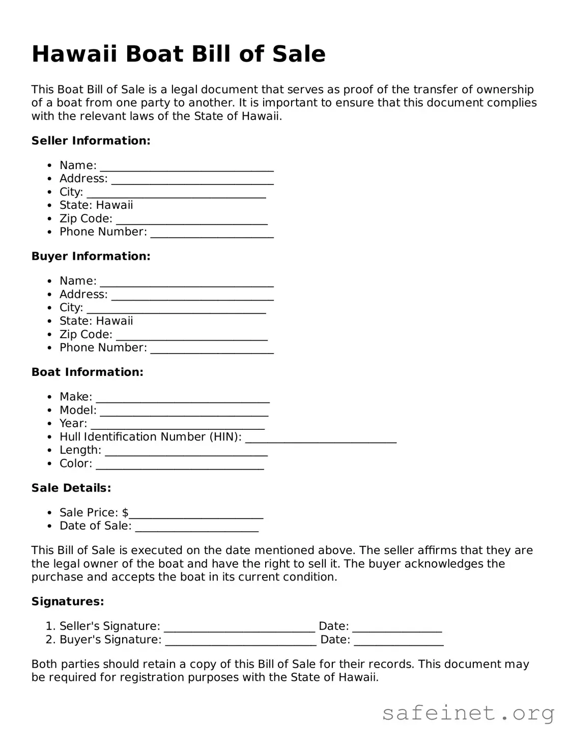 Valid Boat Bill of Sale Template for the State of Hawaii