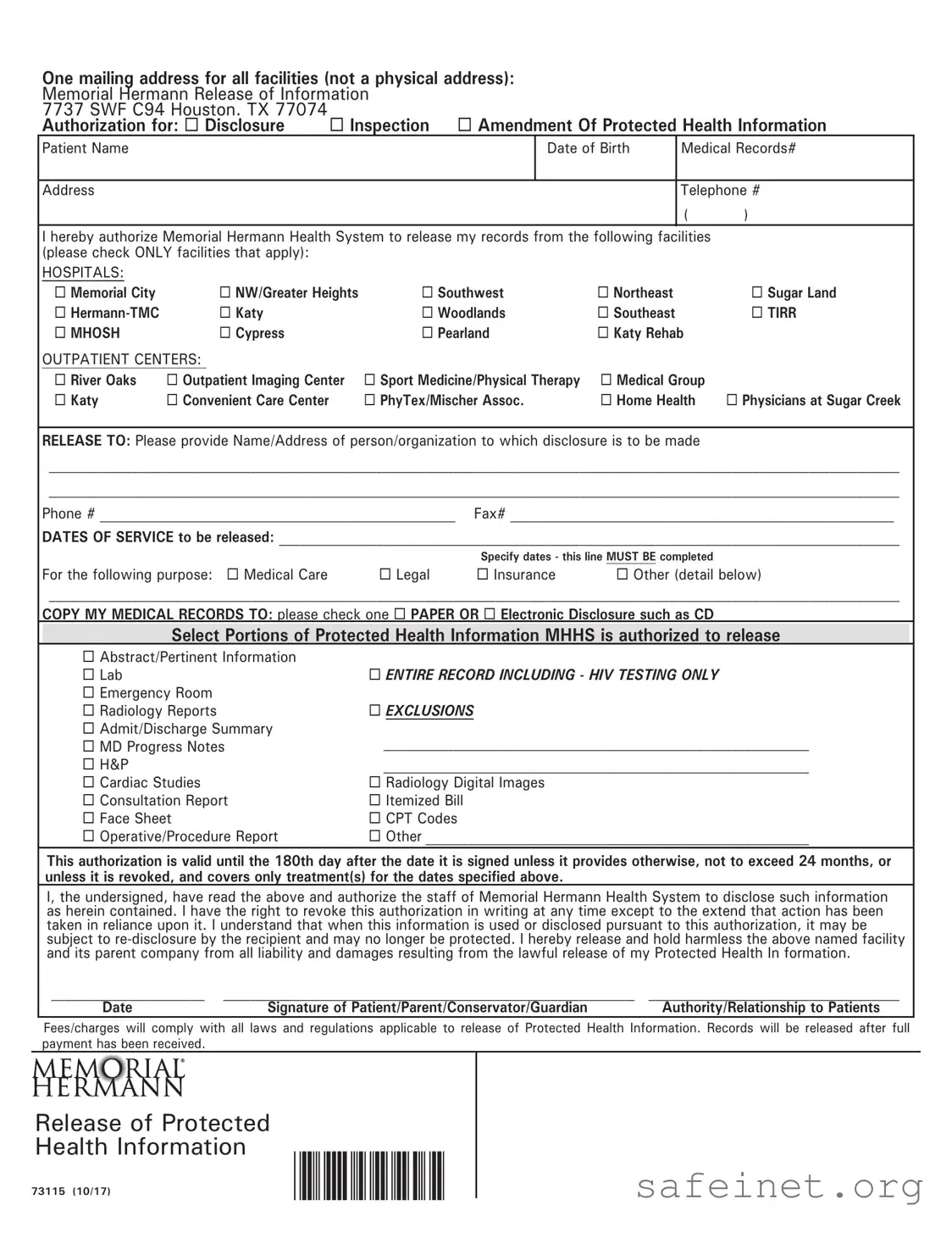 Blank Memorial Hermann Release Template