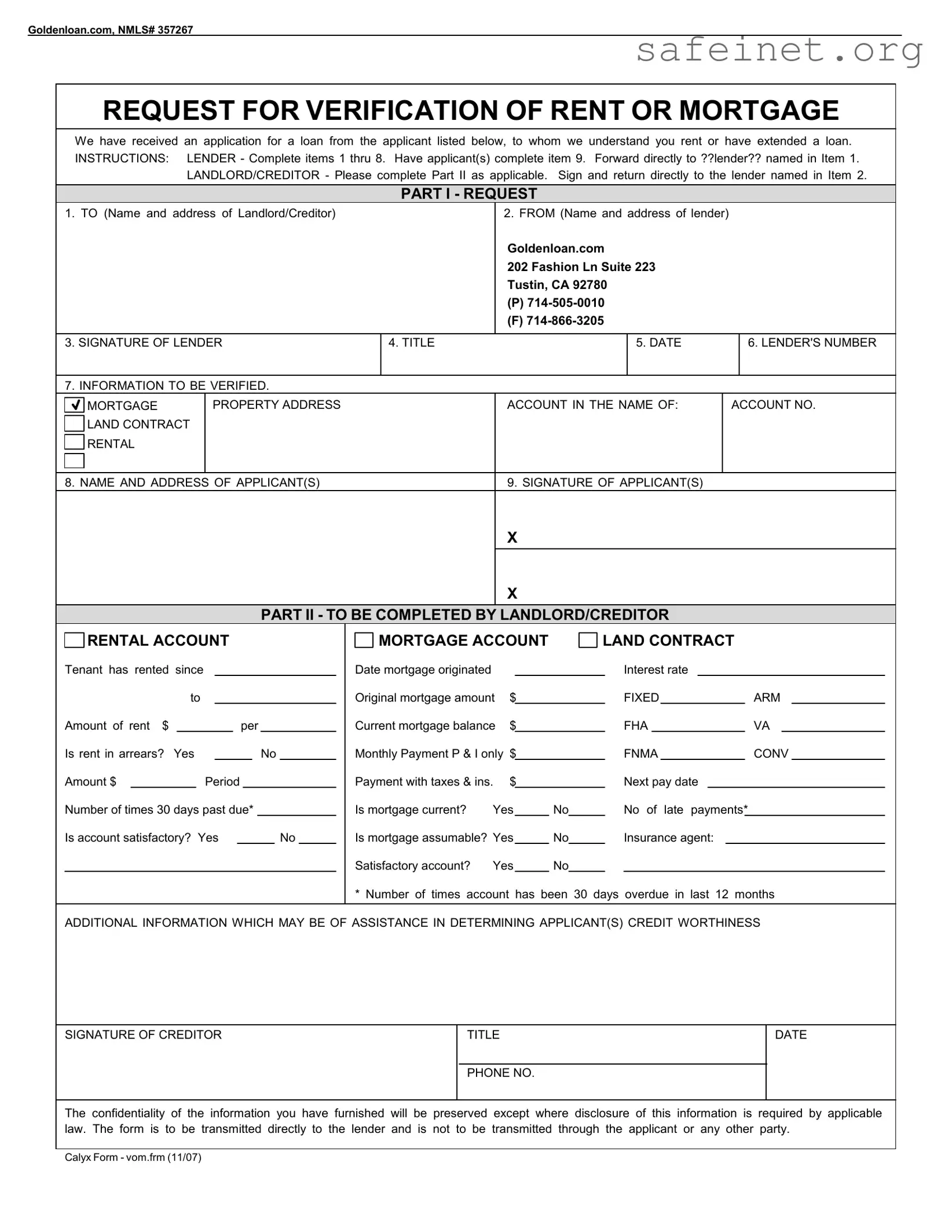Blank Verification Rent Mortgage Template