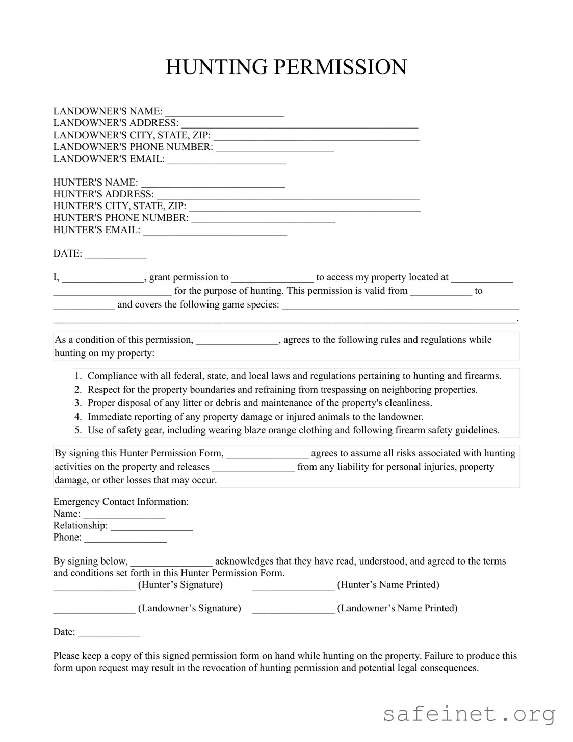 Blank Hunter Permission Template