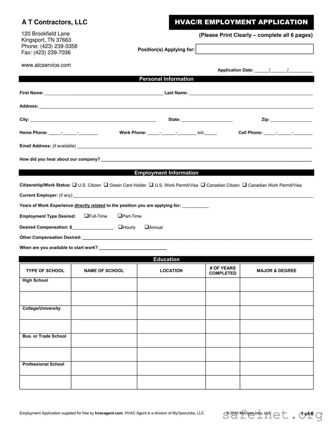Blank Hvac Job Application Template