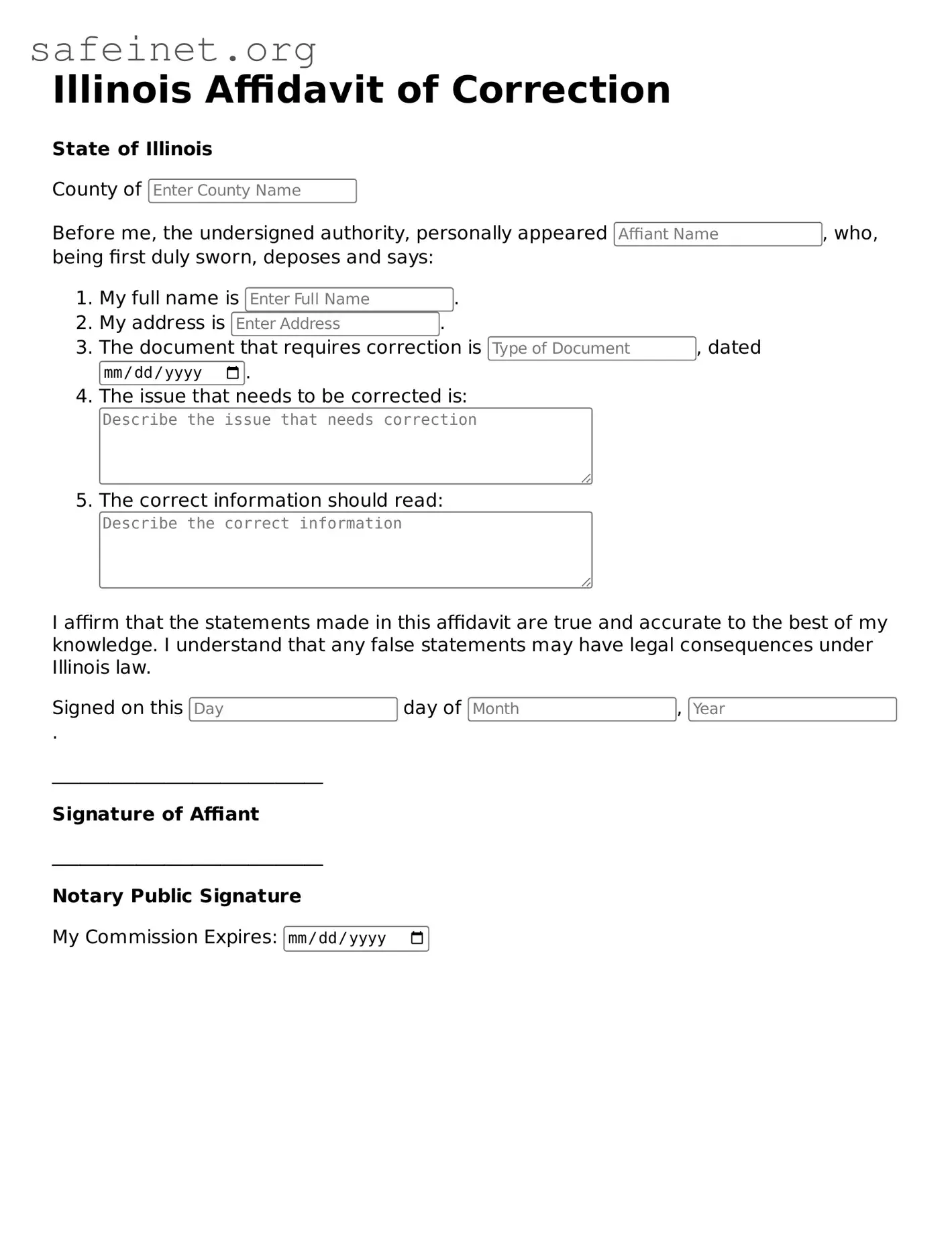 Valid Affidavit of Correction Template for the State of Illinois