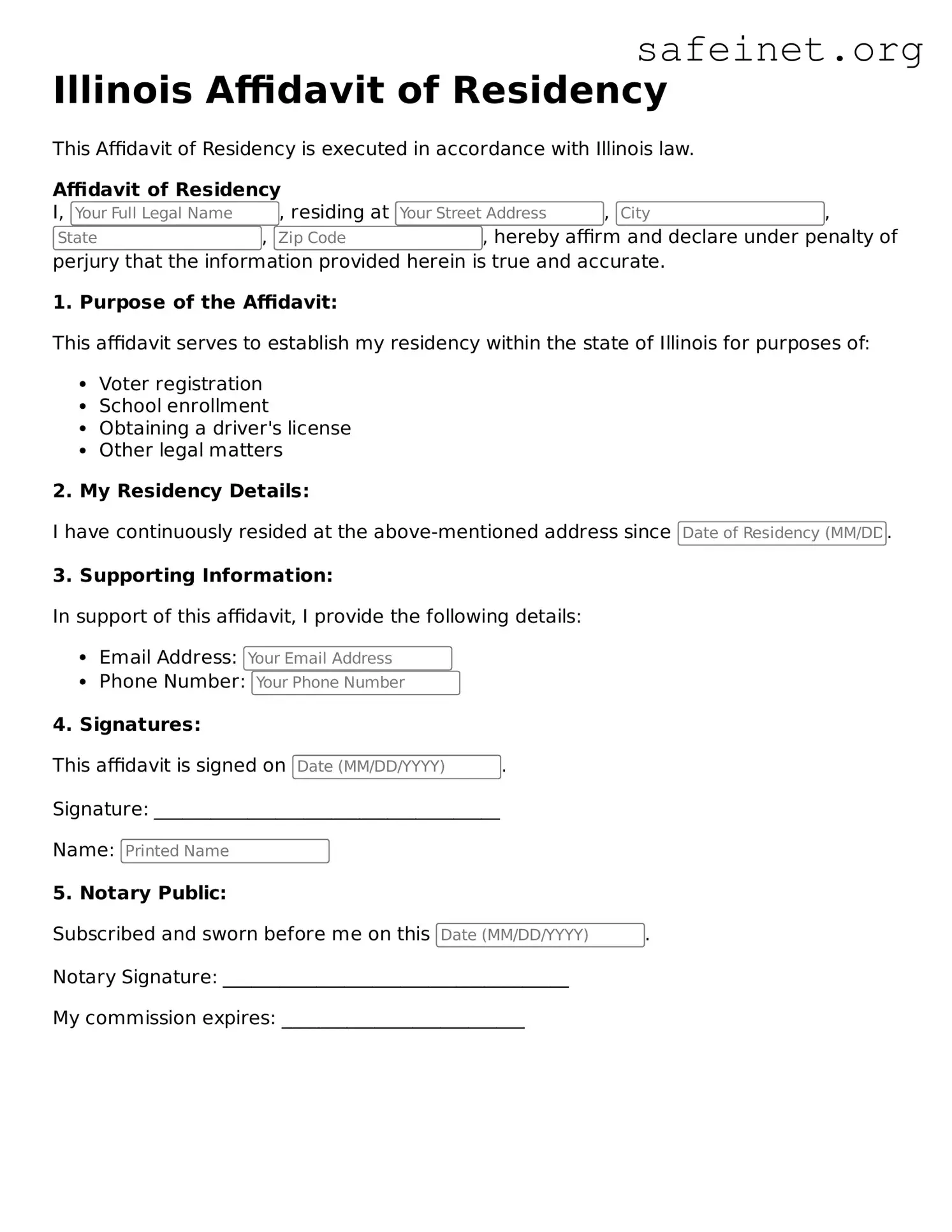 Valid Affidavit of Residency Template for the State of Illinois