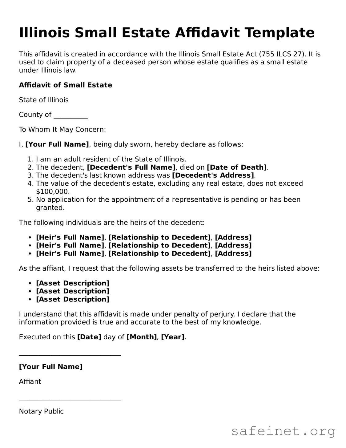 Valid Small Estate Affidavit Template for the State of Illinois