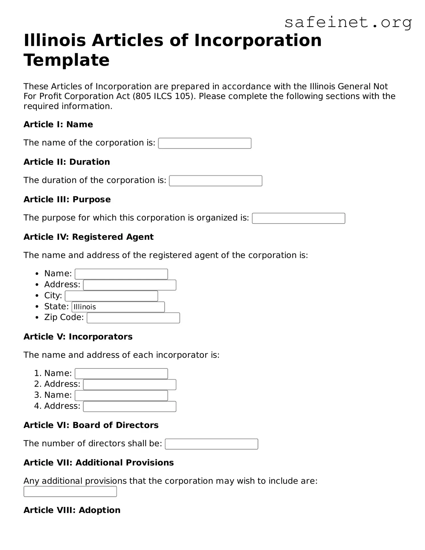 Valid Articles of Incorporation Template for the State of Illinois