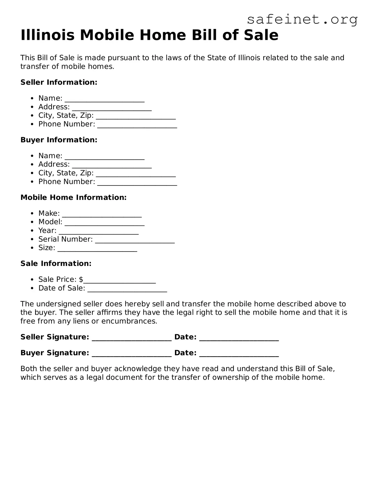 Valid Mobile Home Bill of Sale Template for the State of Illinois