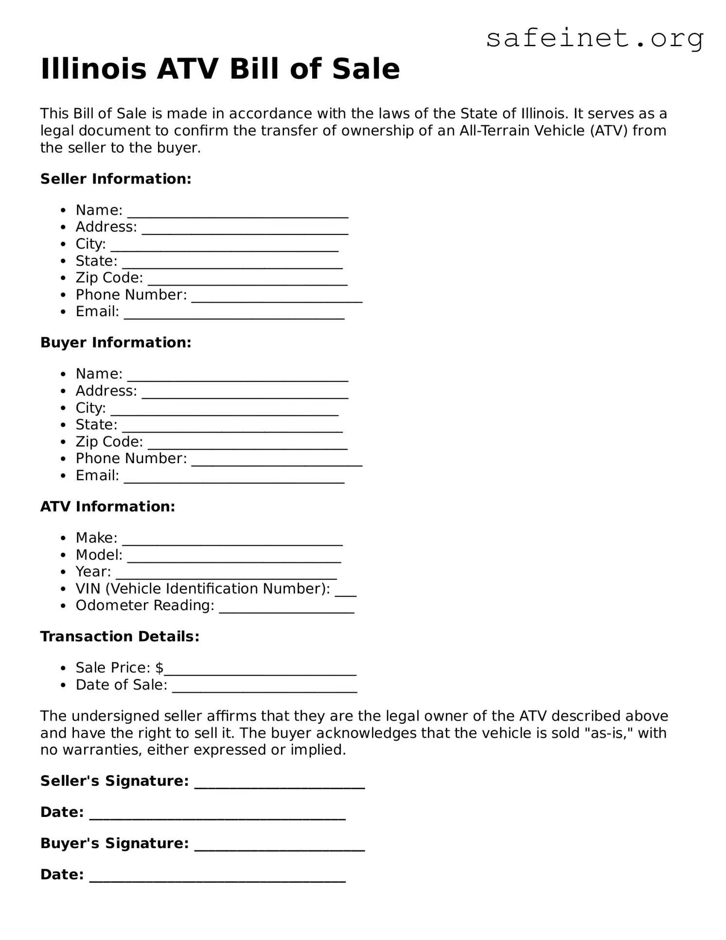 Valid ATV Bill of Sale Template for the State of Illinois