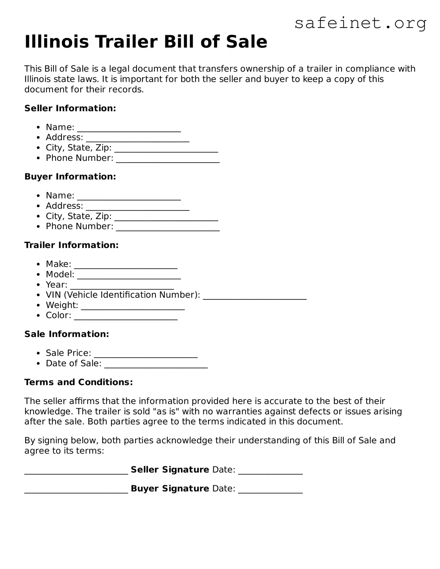 Valid Trailer Bill of Sale Template for the State of Illinois