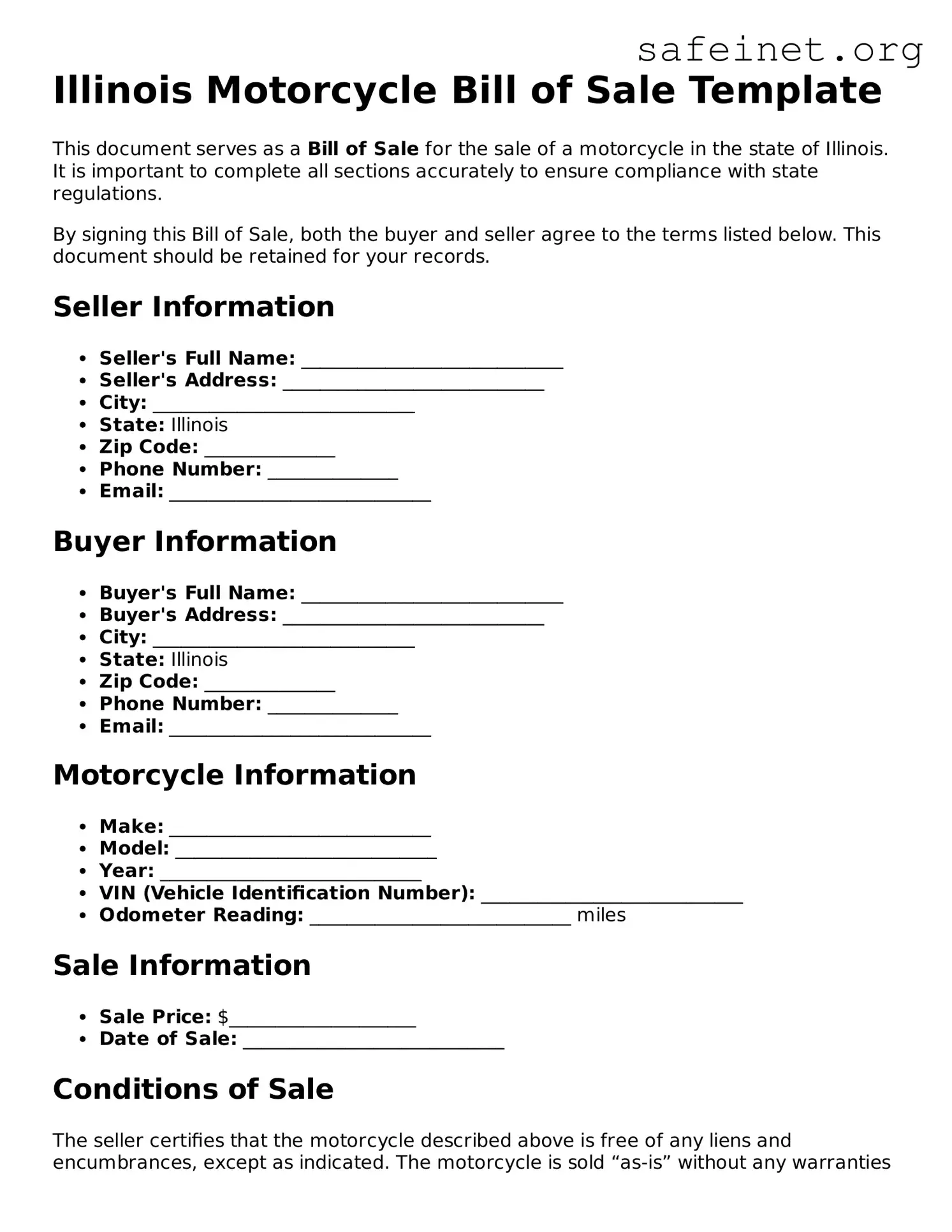 Valid Motorcycle Bill of Sale Template for the State of Illinois