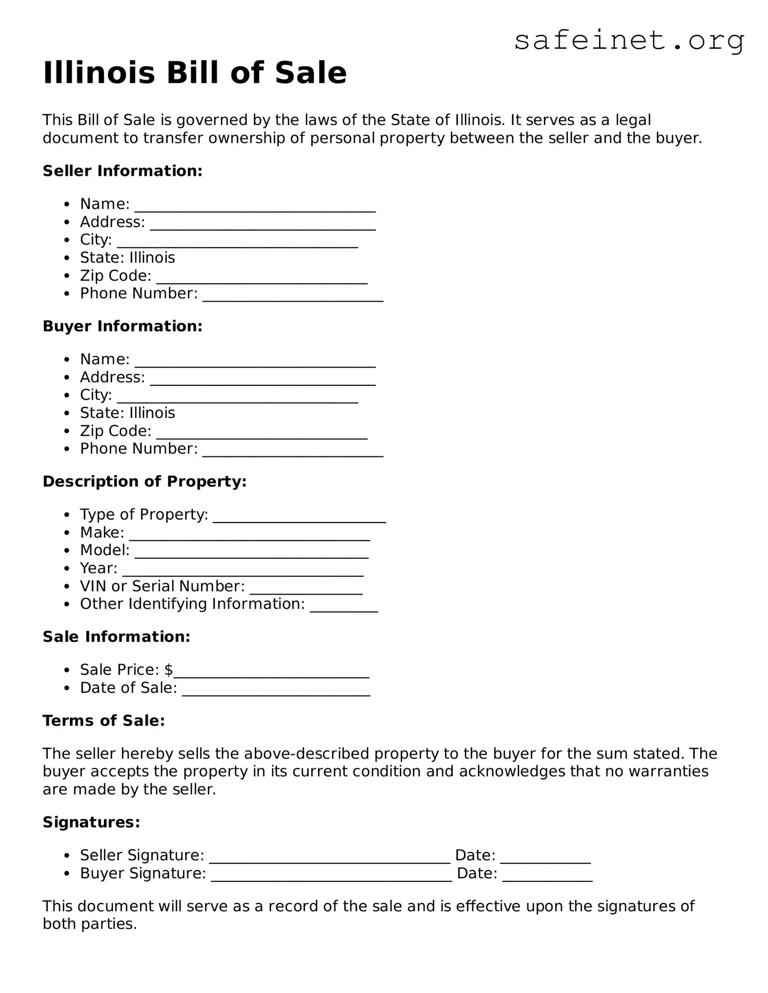 Valid Bill of Sale Template for the State of Illinois