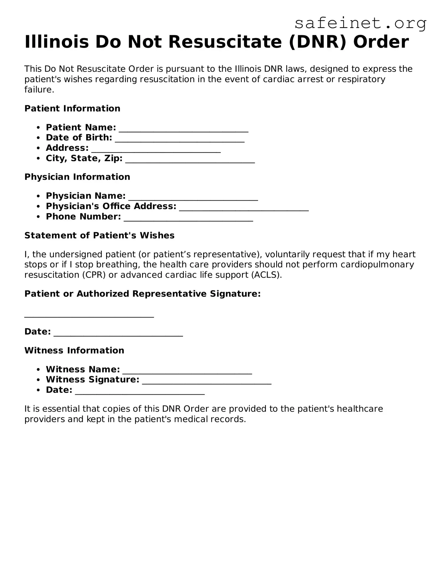 Valid Do Not Resuscitate Order Template for the State of Illinois