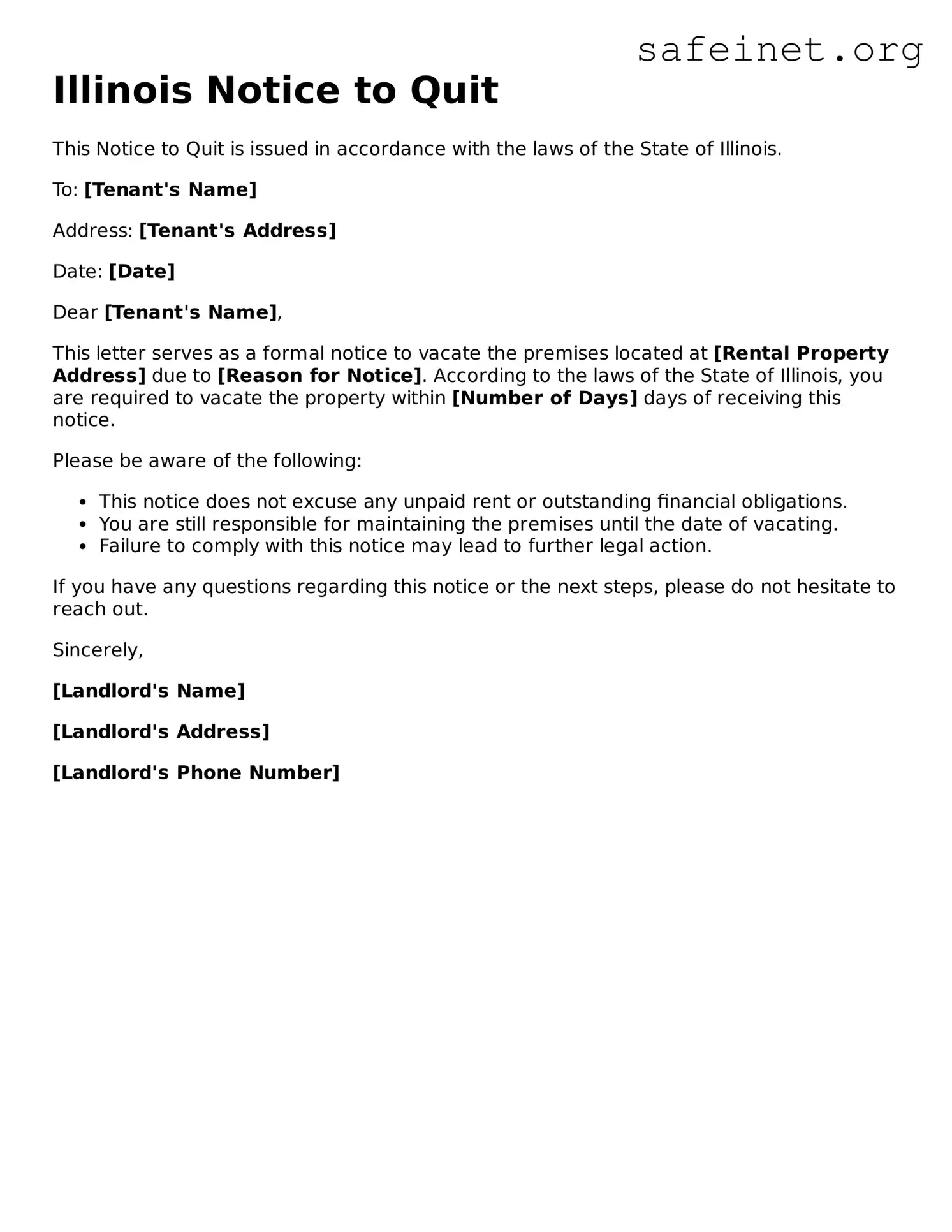 Valid Notice to Quit Template for the State of Illinois