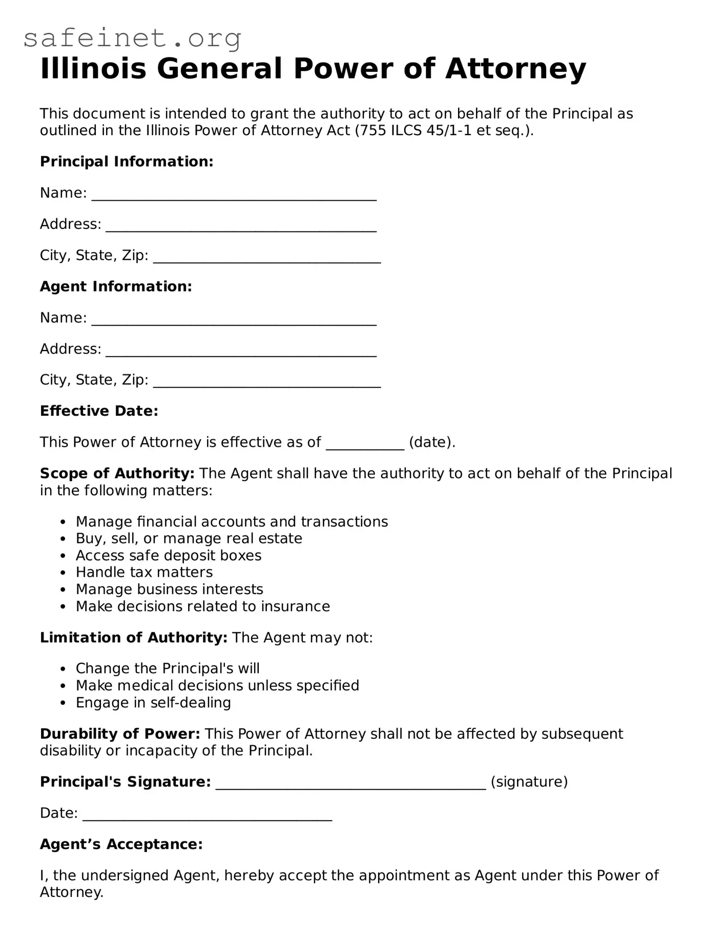 Valid General Power of Attorney Template for the State of Illinois