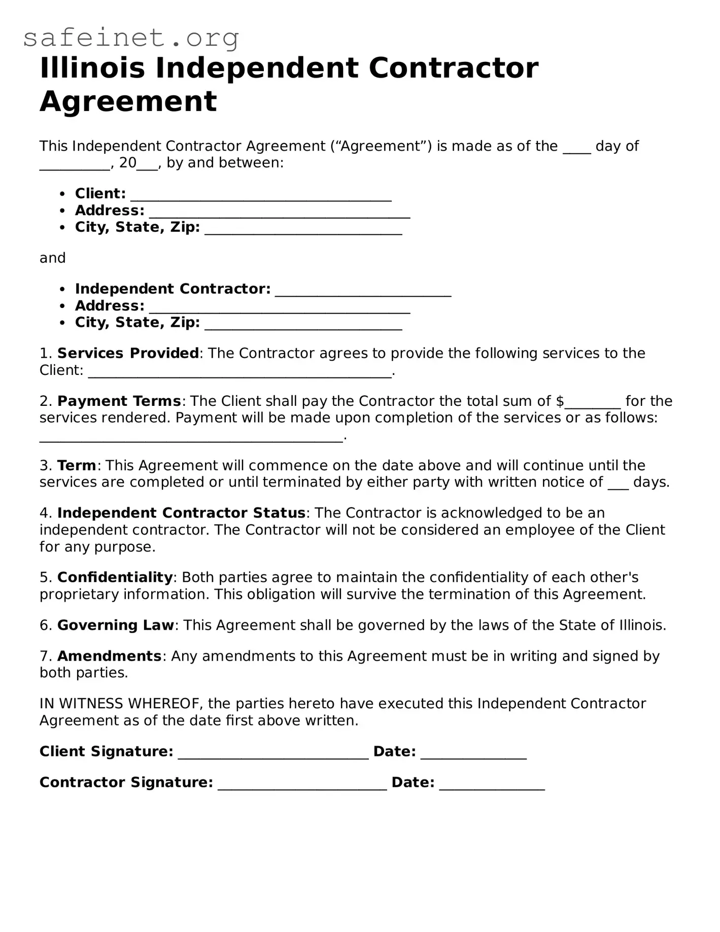 Valid Independent Contractor Agreement Template for the State of Illinois
