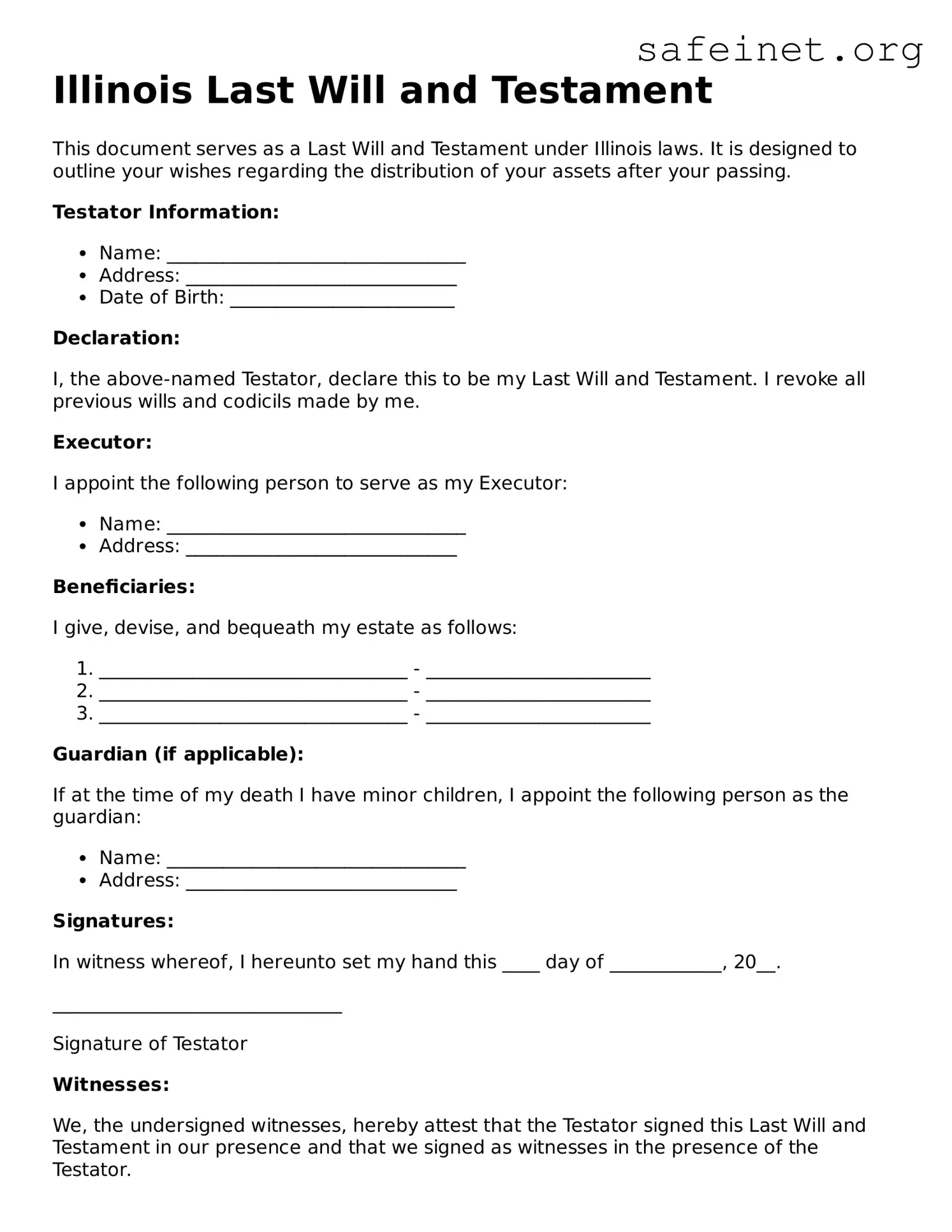 Valid Last Will and Testament Template for the State of Illinois