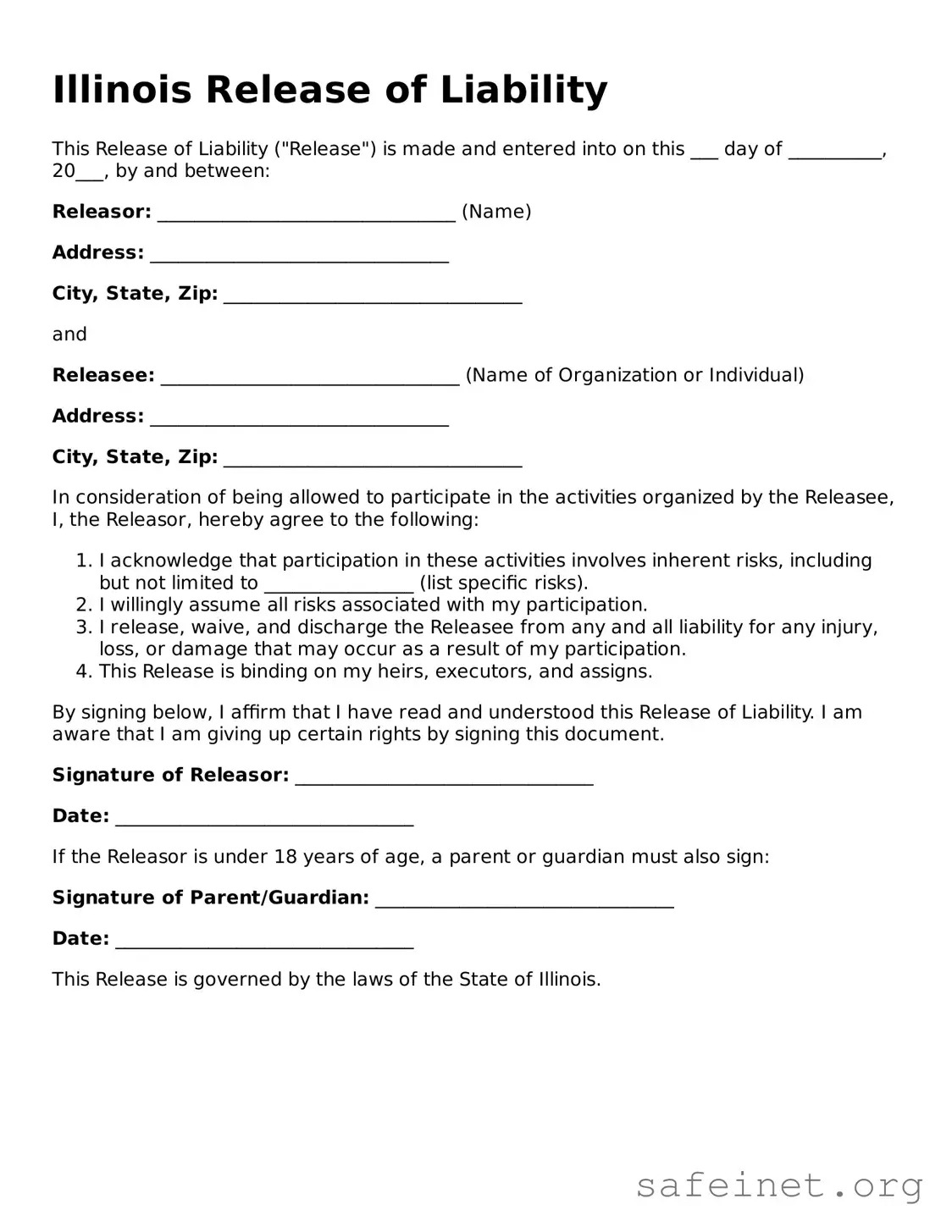 Valid Release of Liability Template for the State of Illinois