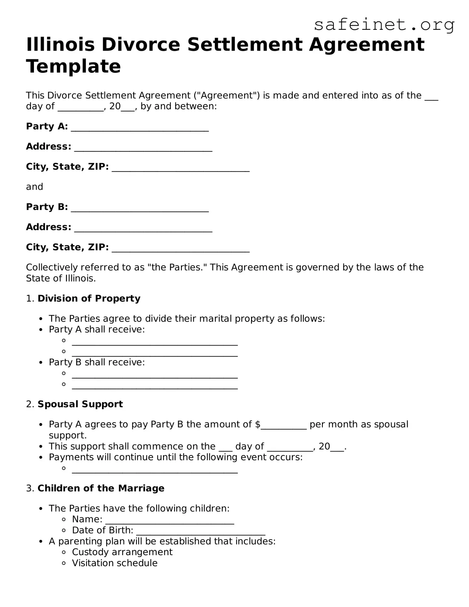 Valid Divorce Settlement Agreement Template for the State of Illinois