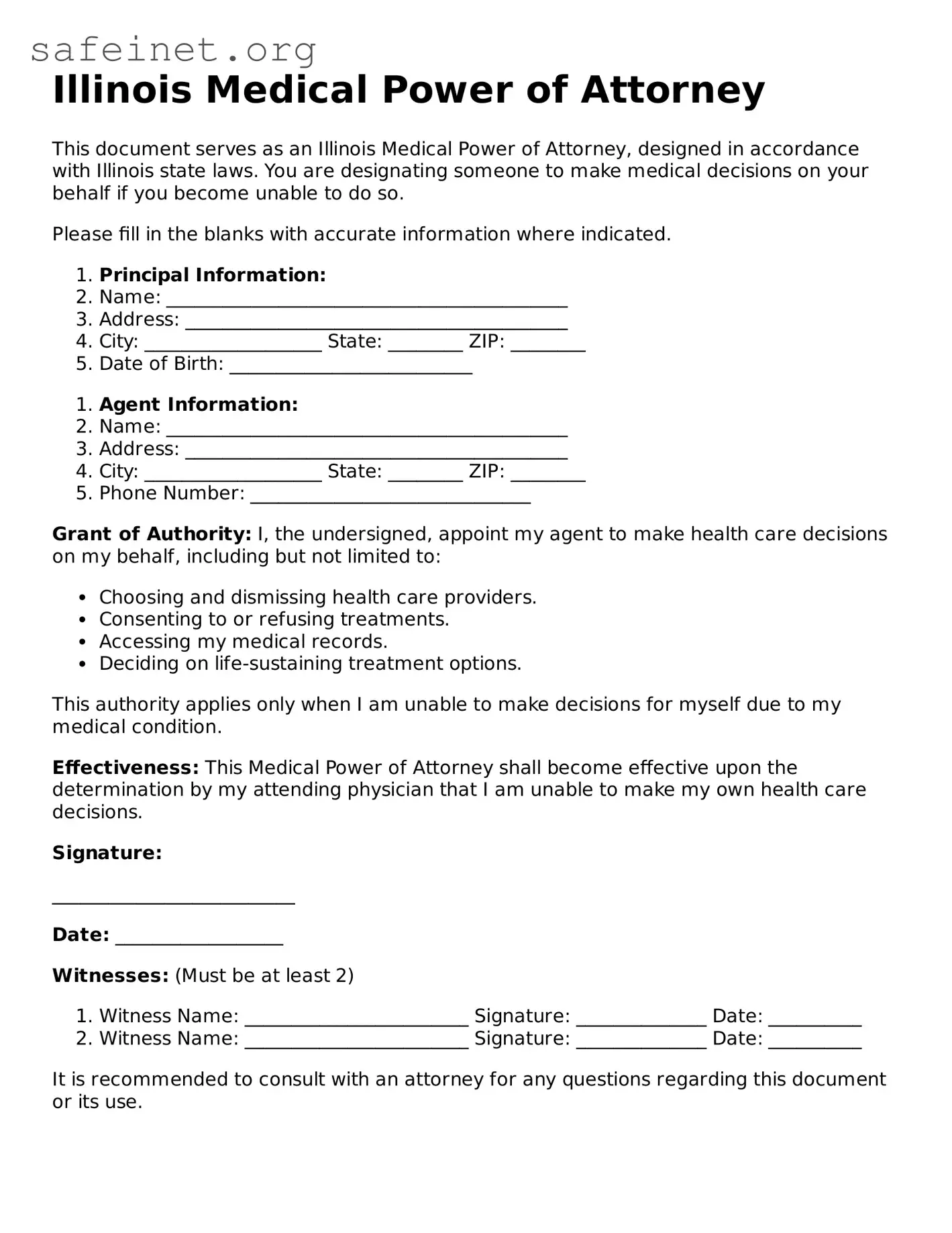 Valid Medical Power of Attorney Template for the State of Illinois