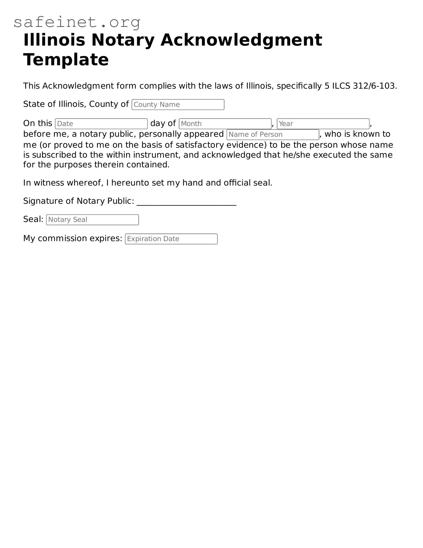 Valid Notary Acknowledgement Template for the State of Illinois