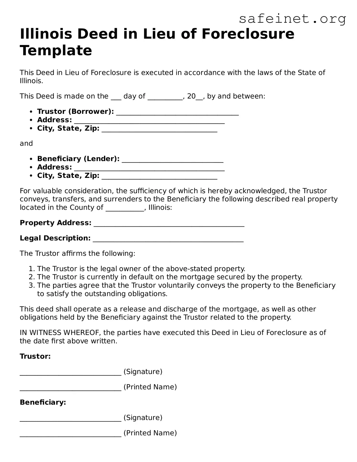 Valid Deed in Lieu of Foreclosure Template for the State of Illinois