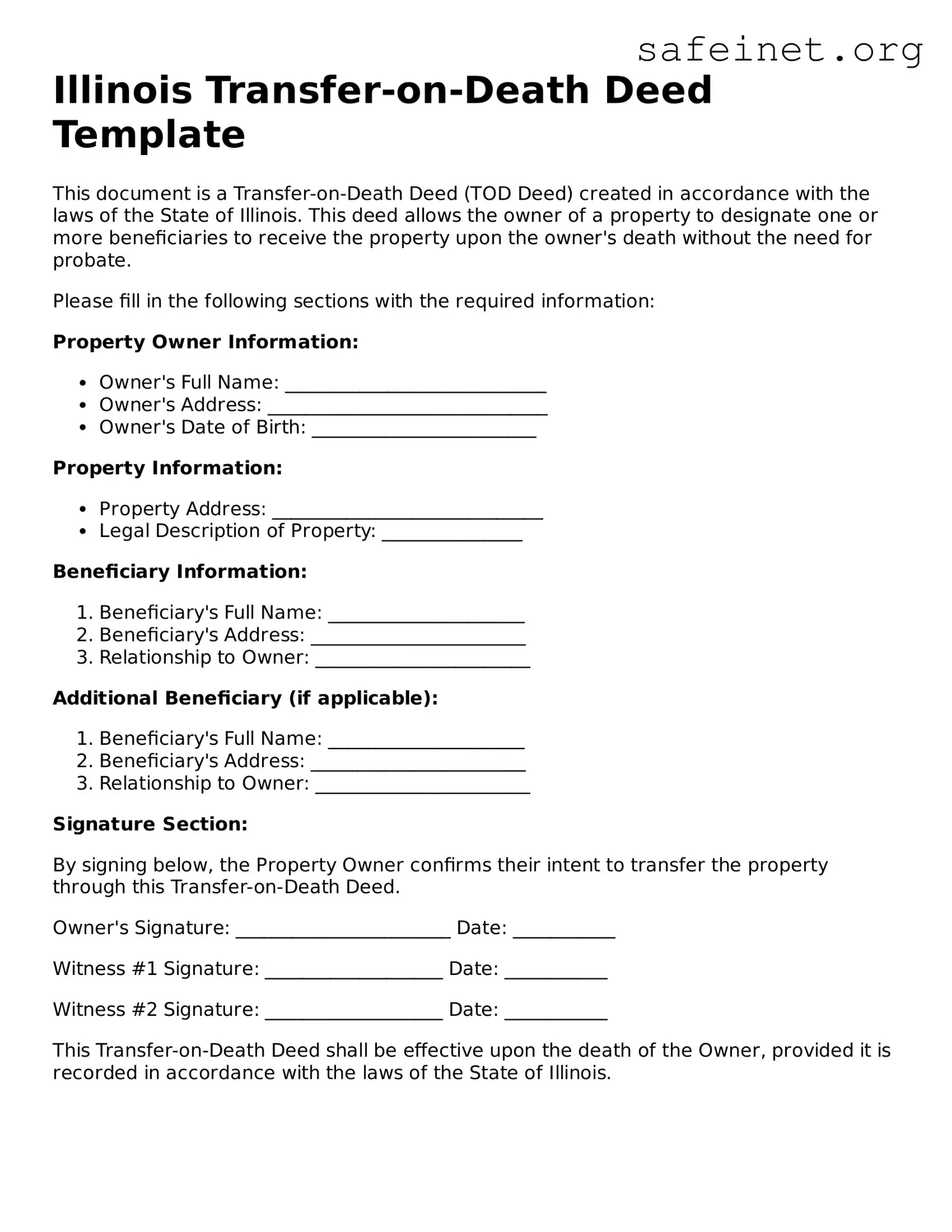 Valid Transfer-on-Death Deed Template for the State of Illinois
