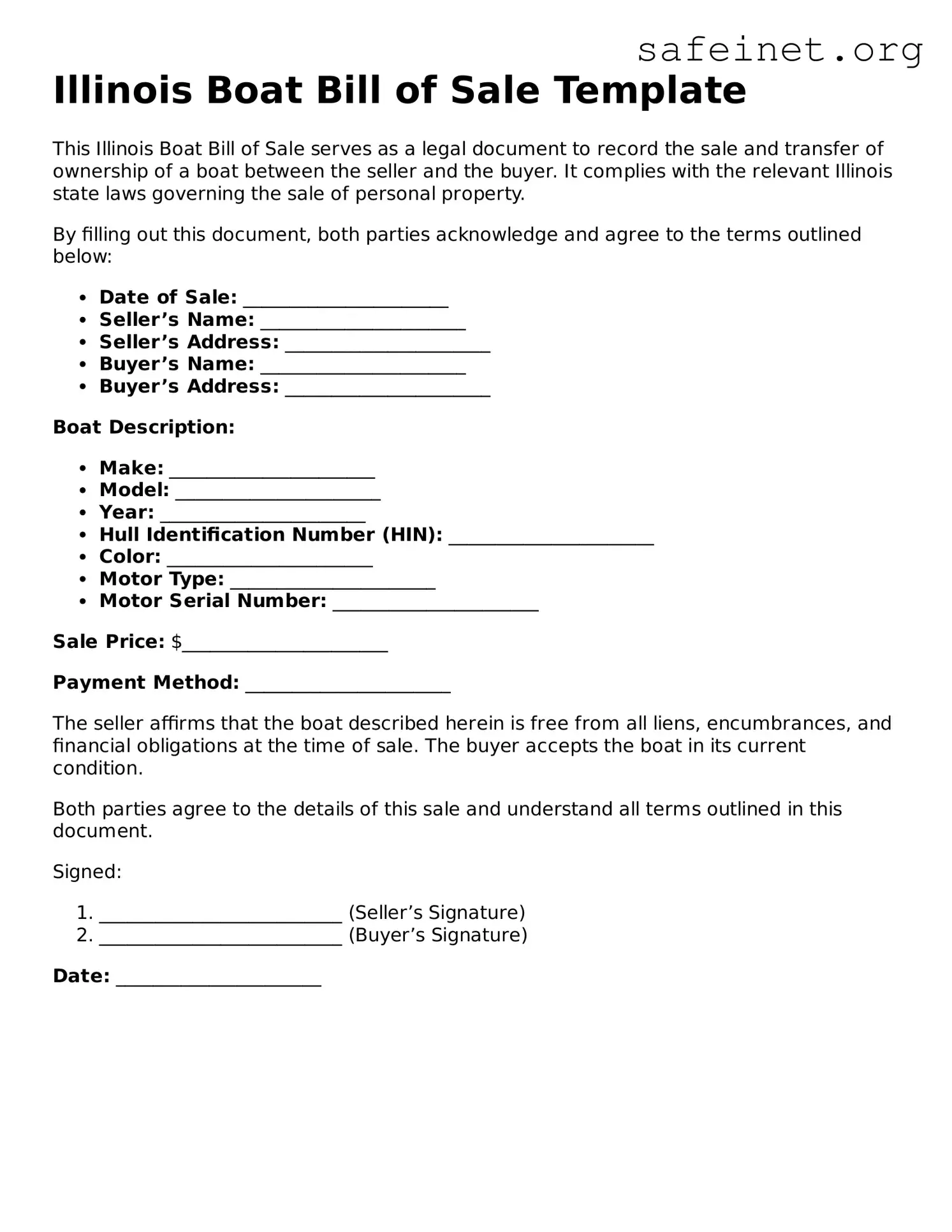 Valid Boat Bill of Sale Template for the State of Illinois