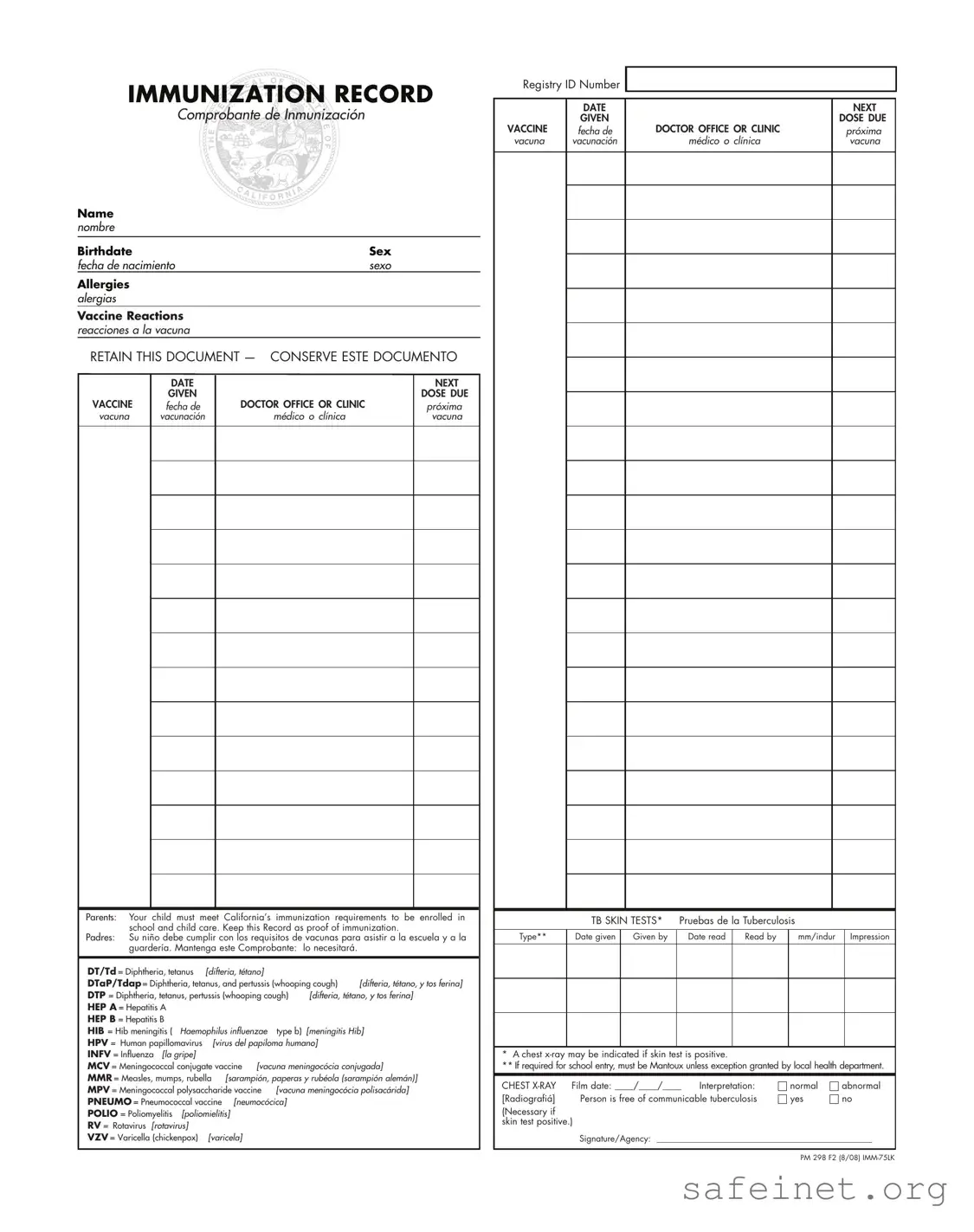 Blank Immunization Record Template