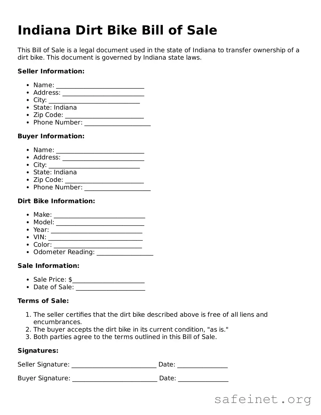 Valid Dirt Bike Bill of Sale Template for the State of Indiana