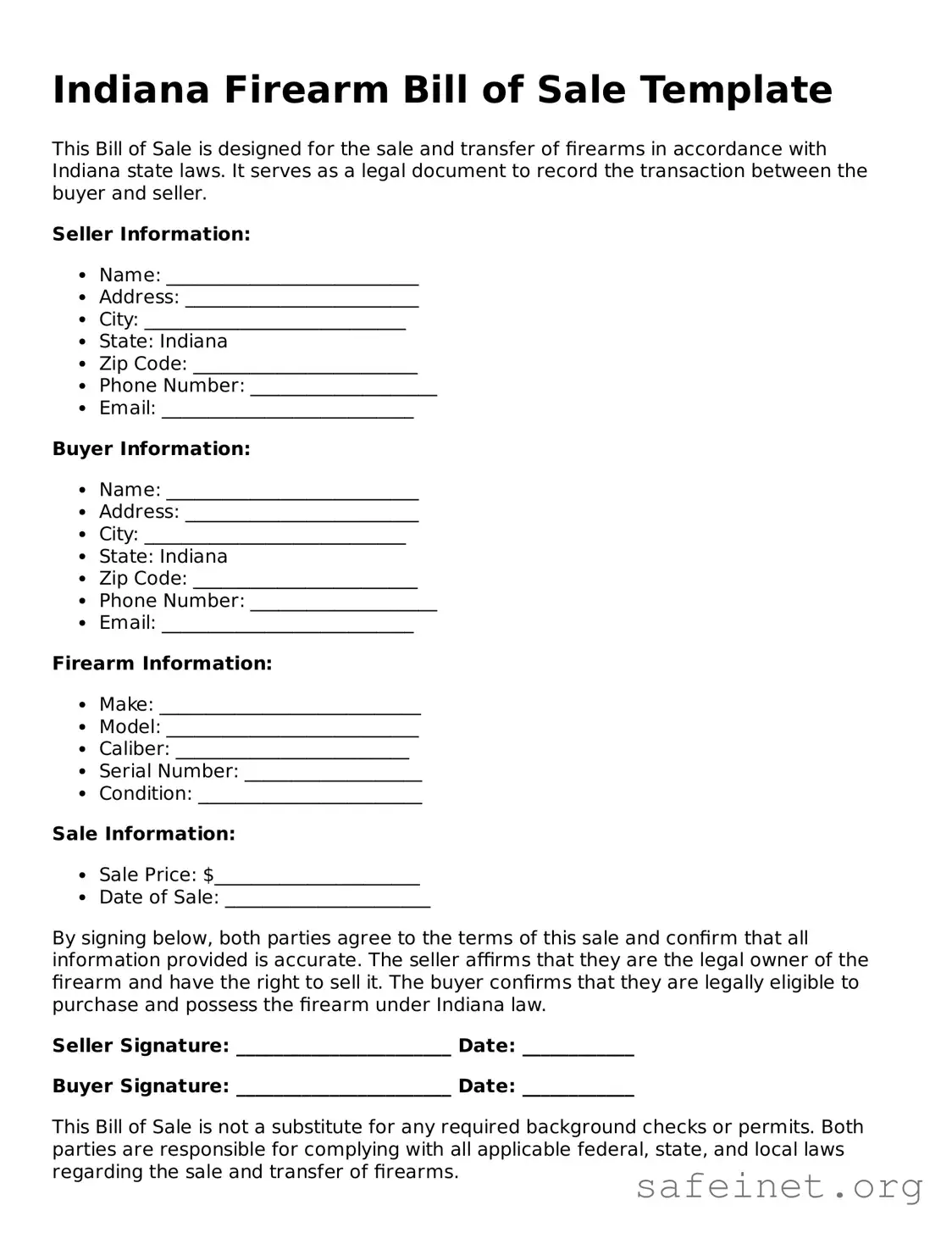 Valid Firearm Bill of Sale Template for the State of Indiana