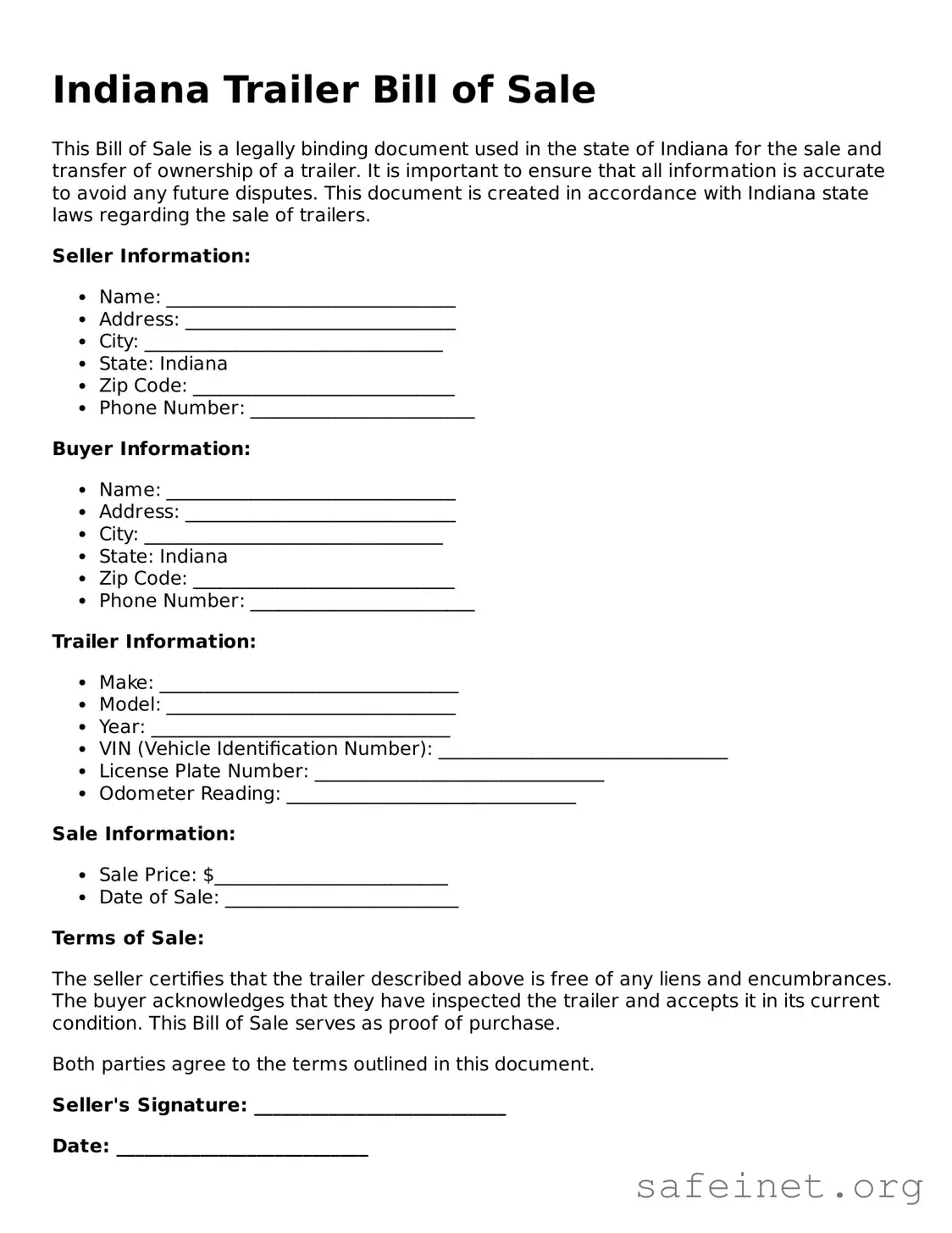 Valid Trailer Bill of Sale Template for the State of Indiana