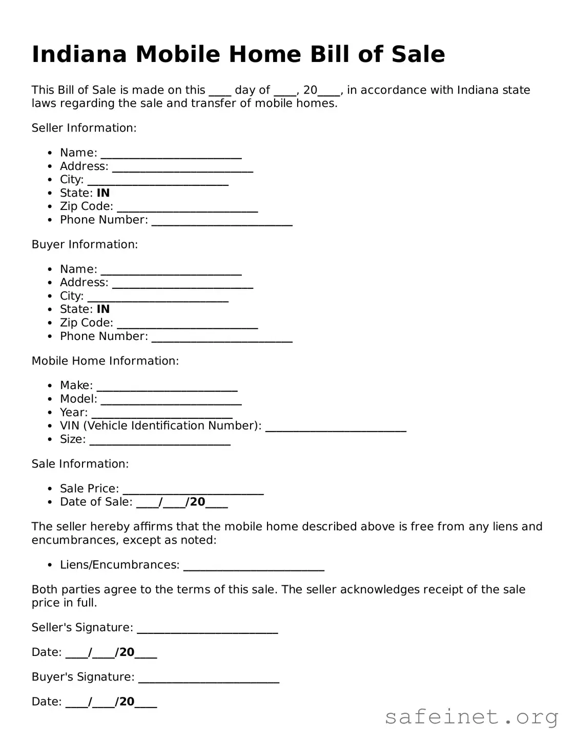 Valid Mobile Home Bill of Sale Template for the State of Indiana
