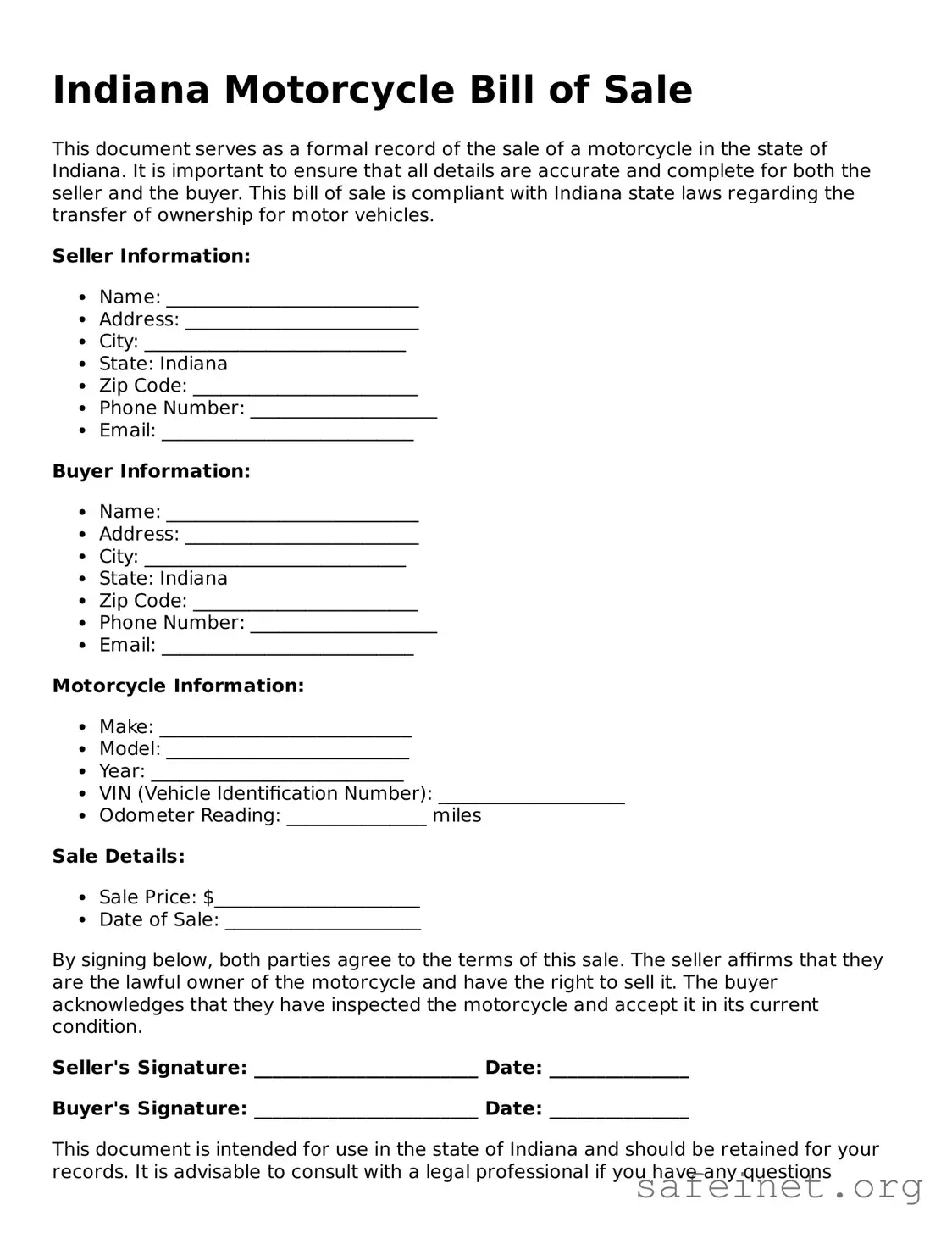 Valid Motorcycle Bill of Sale Template for the State of Indiana