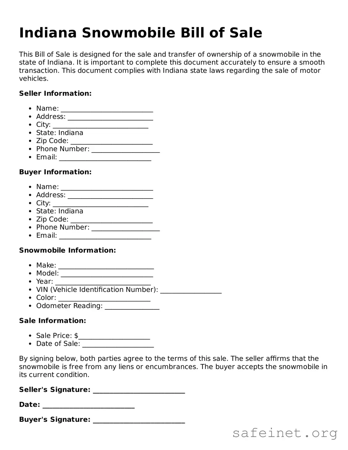 Valid Snowmobile Bill of Sale Template for the State of Indiana