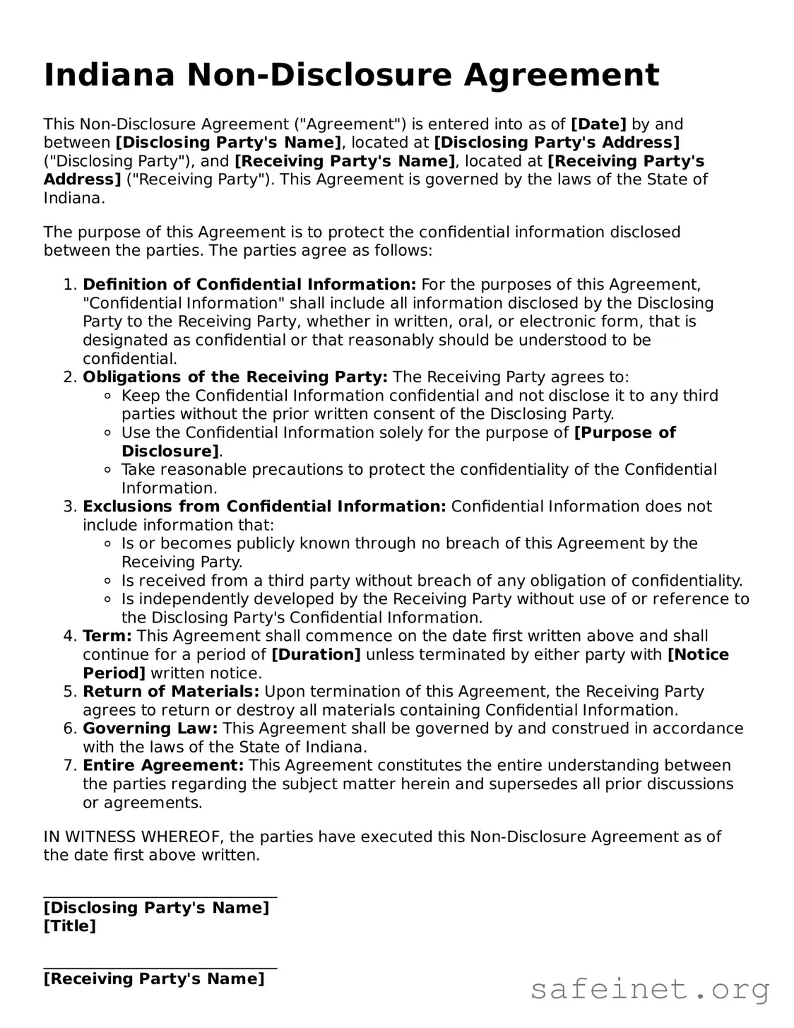 Valid Non-disclosure Agreement Template for the State of Indiana