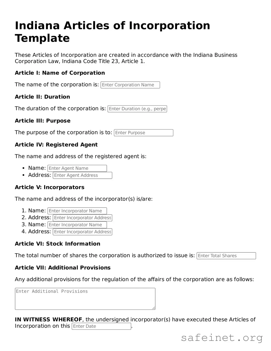 Valid Articles of Incorporation Template for the State of Indiana