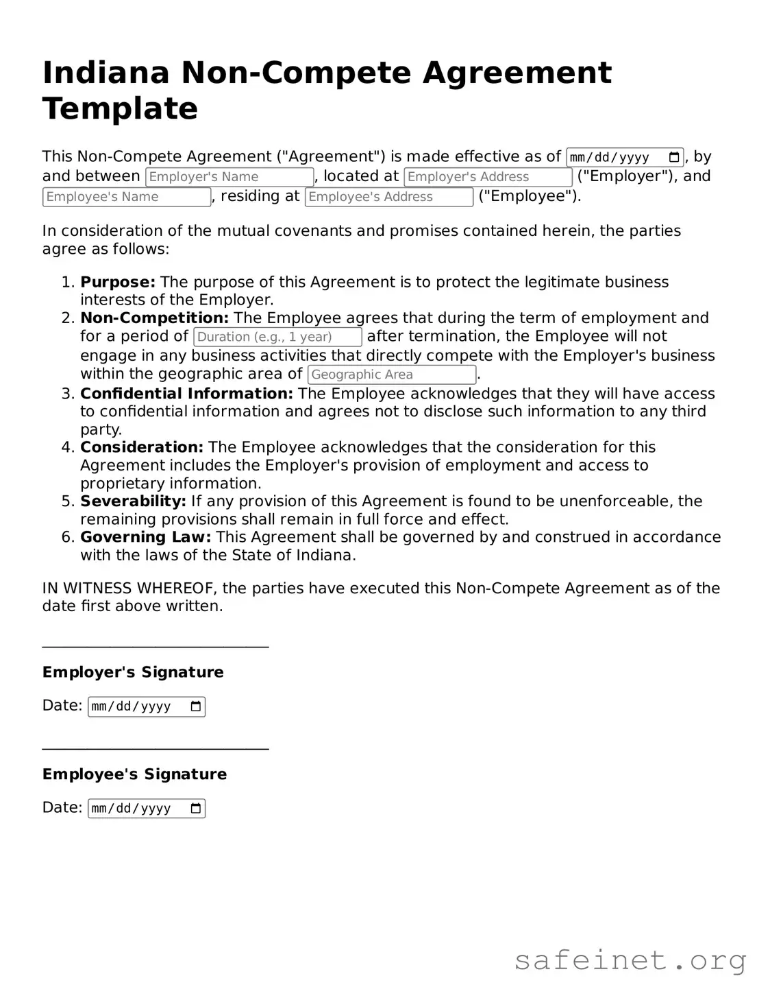Valid Non-compete Agreement Template for the State of Indiana